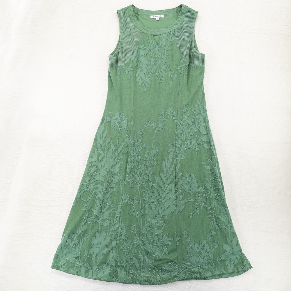 Serengeti Midi Dress L Sage Green Botanical Floral Mesh Lagenlook Cottagecore